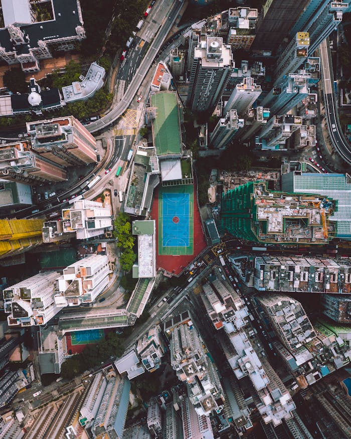 Stunning aerial shot capturing urban sprawl and skyscrapers on Hong Kong Island.